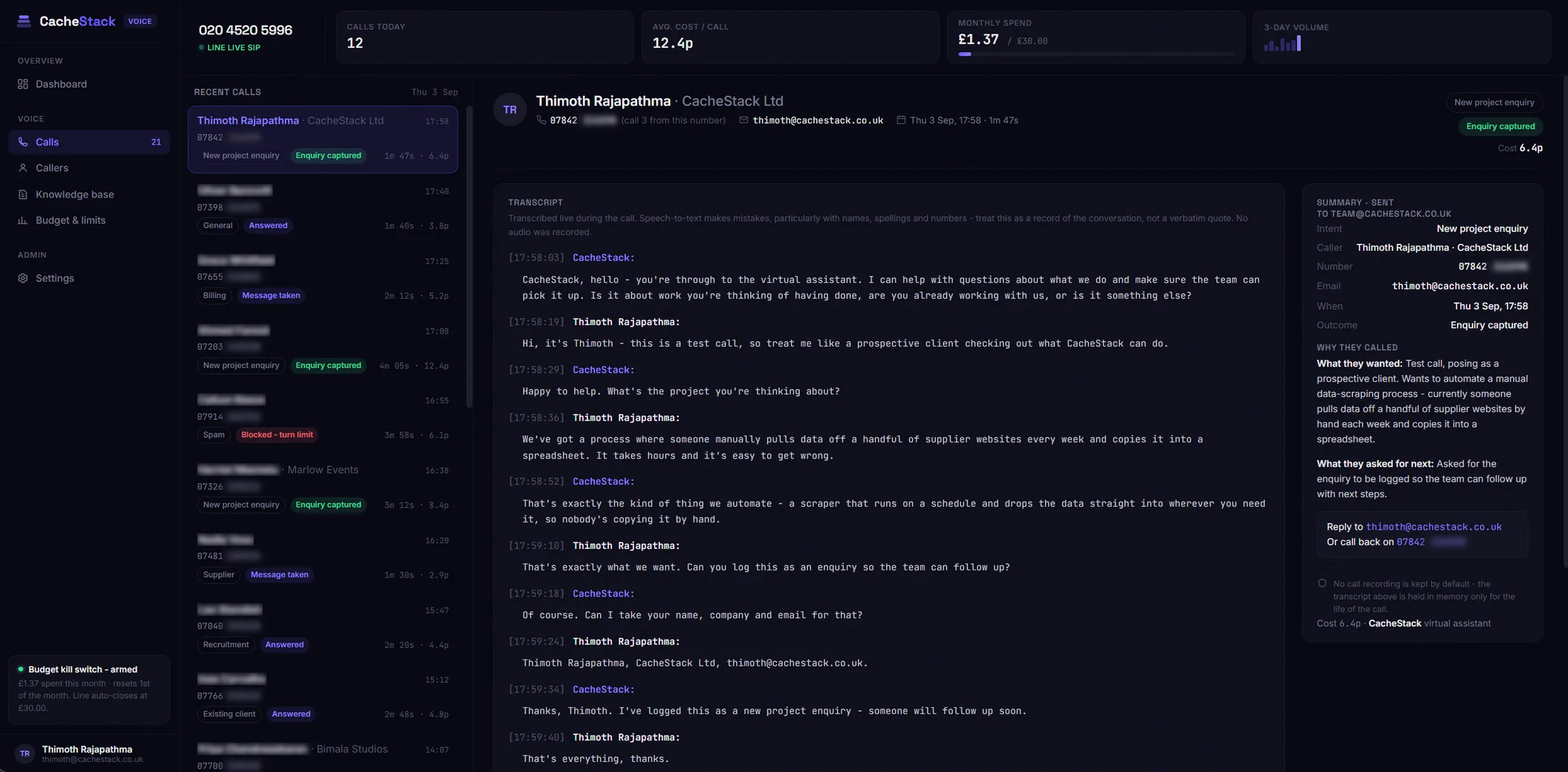 CacheStack Voice console showing recent calls, a live transcript, and the captured enquiry summary.